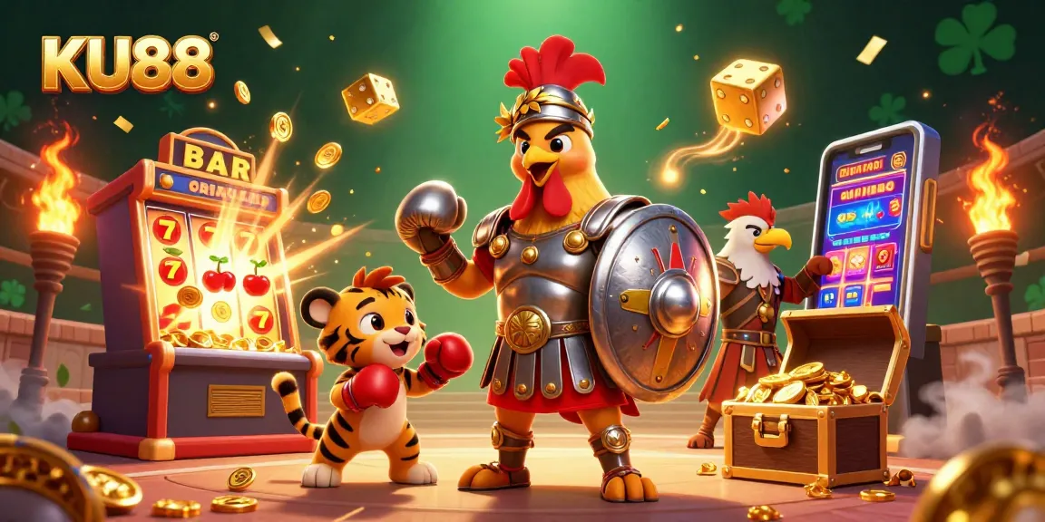 Experience thrilling gameplay at KU88 with a Roman gladiator rooster amidst vibrant casino elements.