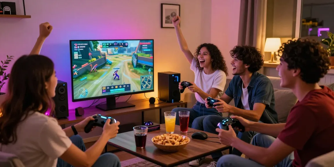 Permainan online yang seru di lingkungan santai, di mana teman-teman bermain di https://truewealthbooks.com/ dengan konsol game dan suasana meriah.