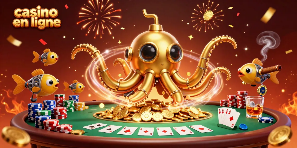 Casino en ligne avec un kraken et des jetons de poker brillants entourés de riches éléments de jeu