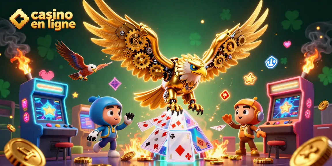 Plonger dans le monde du casino en ligne, avec un aigle cybernétique et des machines à sous éclatantes.