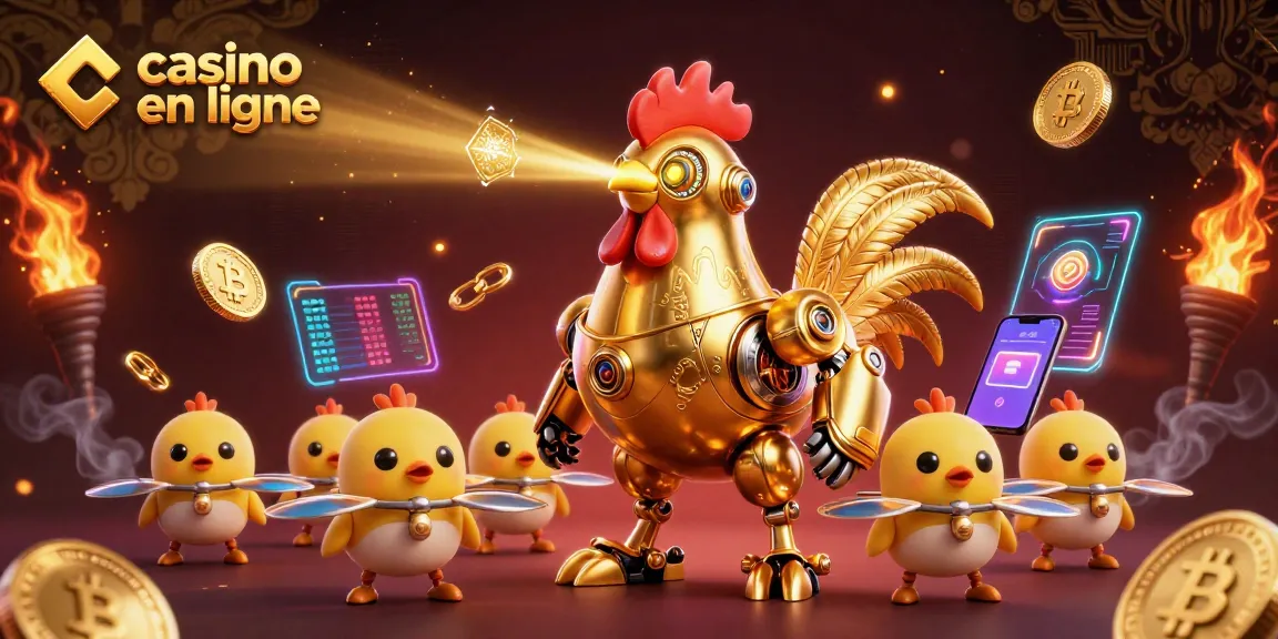 Jouez au casino en ligne avec un robot doré et des drones, entourés de pièces de crypto-monnaie.
