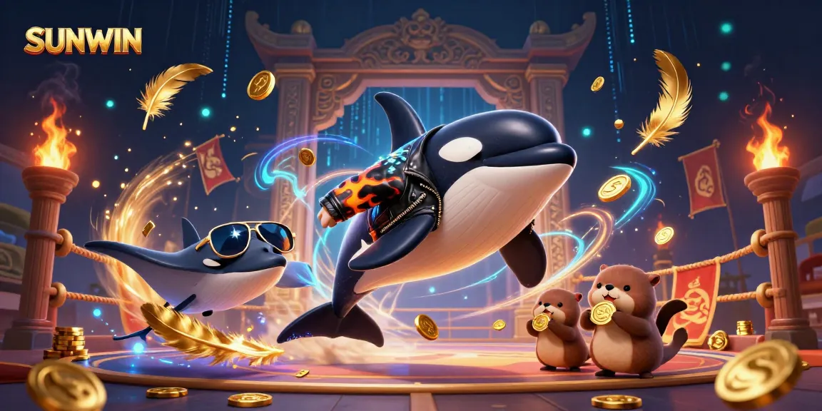 SUNWIN contests come alive with colorful orca whale, cool stingray, and otter family in a vibrant casino scene.