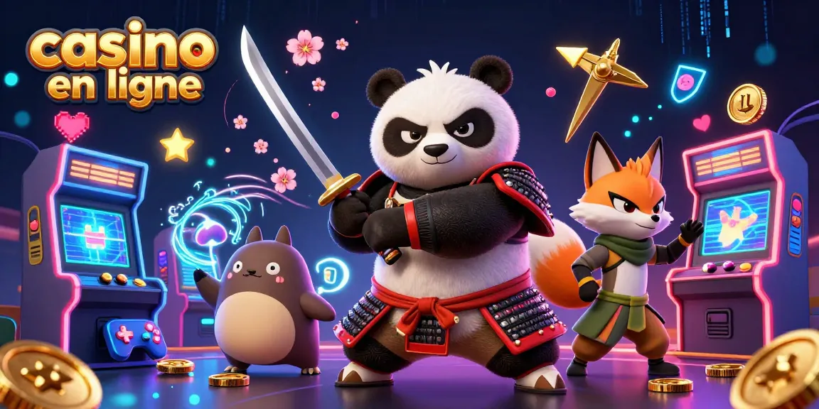 Jouez au casino en ligne avec l'illustration dynamique d'un panda samouraï et un renard ninja.