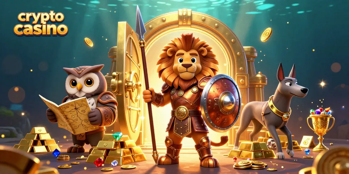 Casino crypto captivant avec lion, hibou et lévrier, illustrant la richesse.