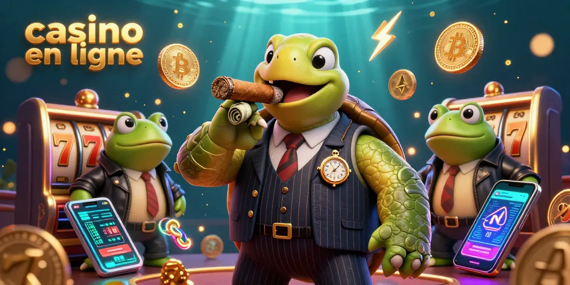 Illustration dynamique d'un casino en ligne avec une tortue massive en costume accompagnée de grenouilles, jouant entourées de pièces de crypto.