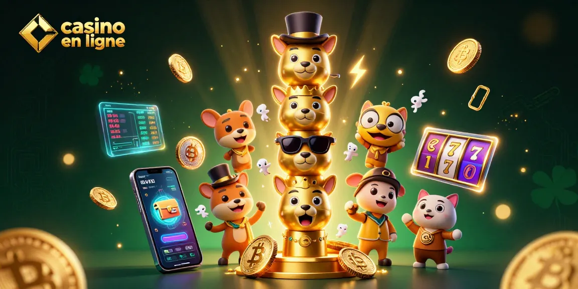 Plongez dans le monde du casino en ligne avec un totem animé et des pièces numériques scintillantes.