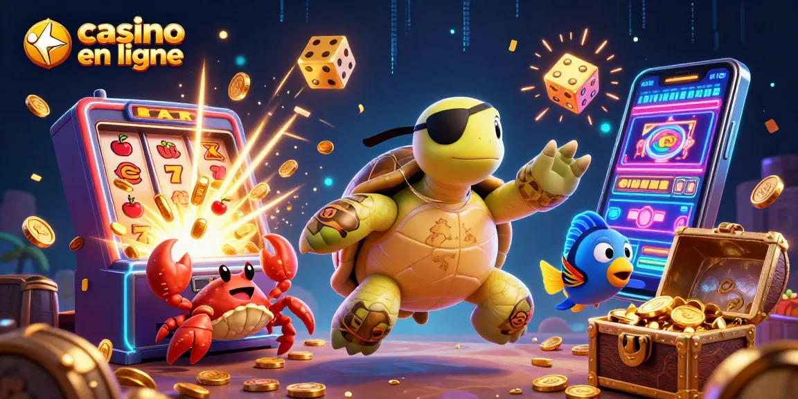 Jouer au casino en ligne avec un turtle pirate et son trésor, entouré d'une machine à sous éclatante.