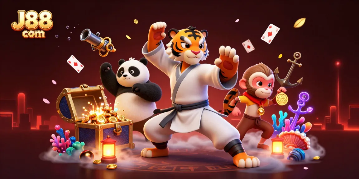Engage with J88 com's playful 3D casino scene of characters surrounded by vibrant gaming elements.
