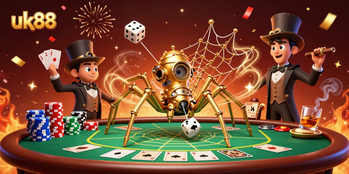 Engage with the excitement of uk88’s dynamic casino atmosphere featuring a steampunk spider and poker elements.