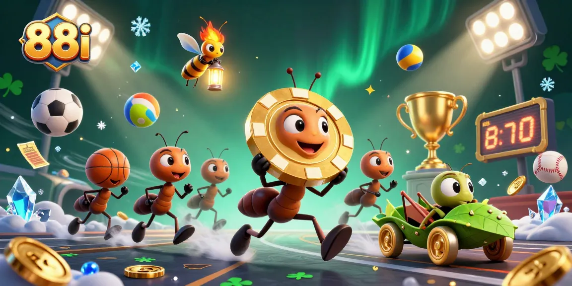 Ants carry a golden poker chip for 88i in a vibrant, action-packed gambling scene.
