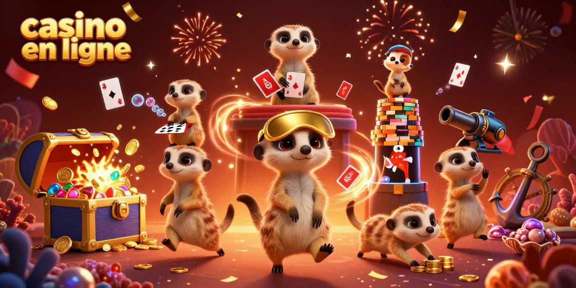 Profitez d'un casino en ligne vibrant avec des suricates jouant et lançant des jetons scintillants.