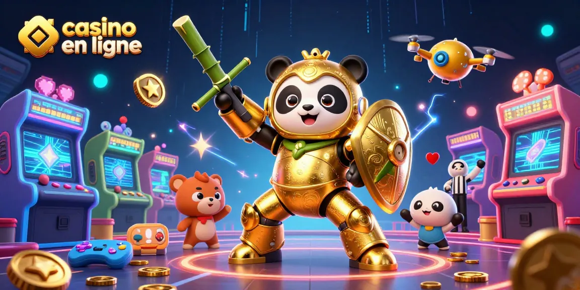 Le panda doré en mech pilote un combat de robot pour un casino en ligne, entouré de machines colorées et d'éléments animés.