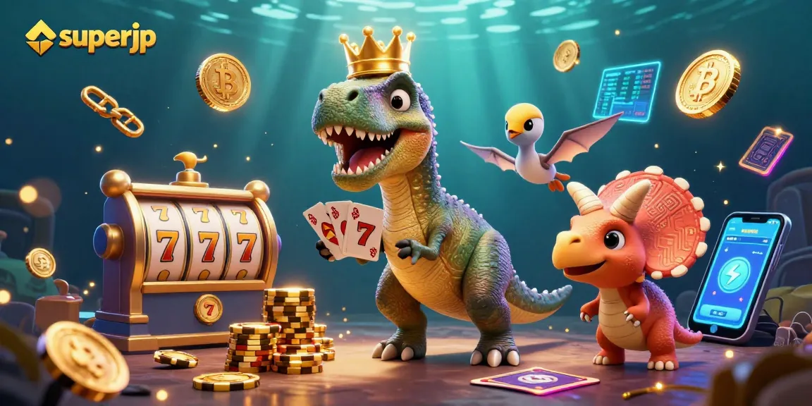 Engage with thrilling gameplay at superjp as a T-Rex shuffles cards, complemented by crypto elements and vibrant casino visuals.
