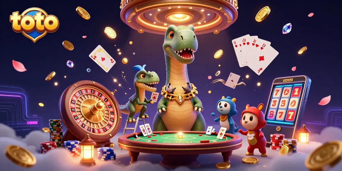 Simbol perjudian toto yang menarik dengan brontosaurus dan raptor di casino.
