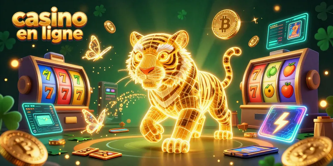 Scène dynamique de casino en ligne avec un tigre lumineux, symboles de machines à sous et éléments de crypto-monnaie.