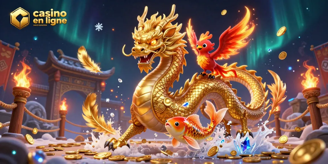 Illustration de casino en ligne retrait instantané avec un dragon chinois, un phénix et un koi dans un décor flamboyant.