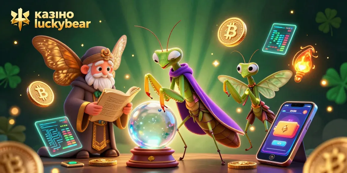 Engage with казино luckybear through a vibrant 3D illustration filled with cryptocurrencies and mystical characters.