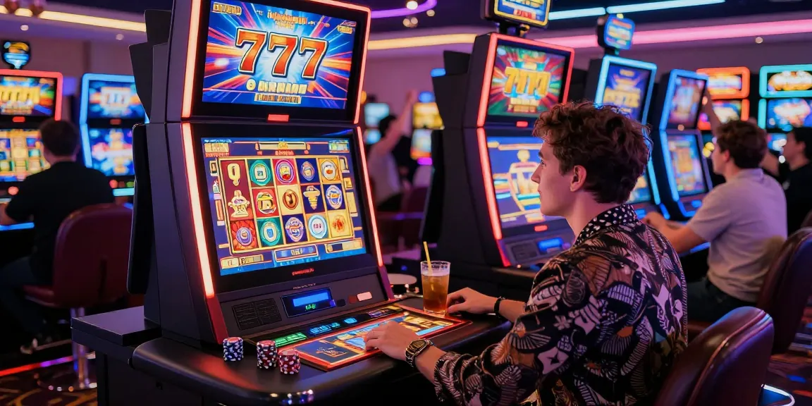 Excited player celebrating a win on the 777 slot machine in a vibrant casino.