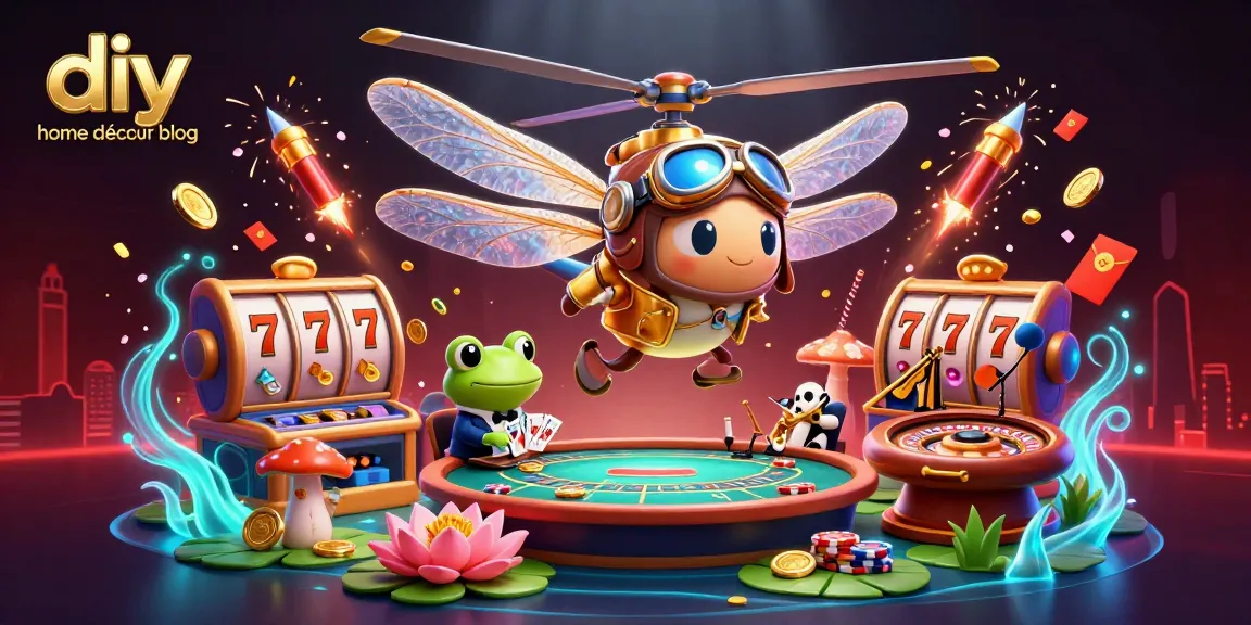 diy home décor blog showcases a vibrant casino scene with a dragonfly pilot, frog croupier, and jazz musicians