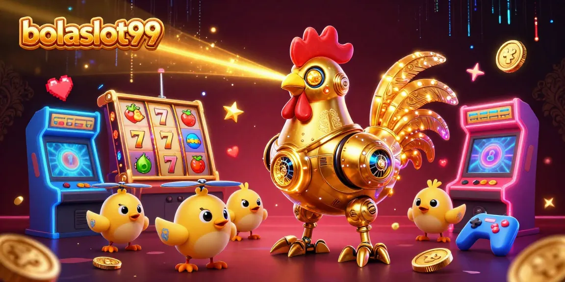 Experience excitement at bolaslot99 with a retro-futuristic golden rooster robot amidst vibrant 3D casino elements.