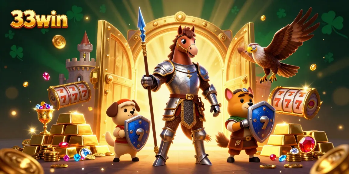 Engage with 33win as a knight conquers slots in a vibrant casino scene filled with treasure and excitement.