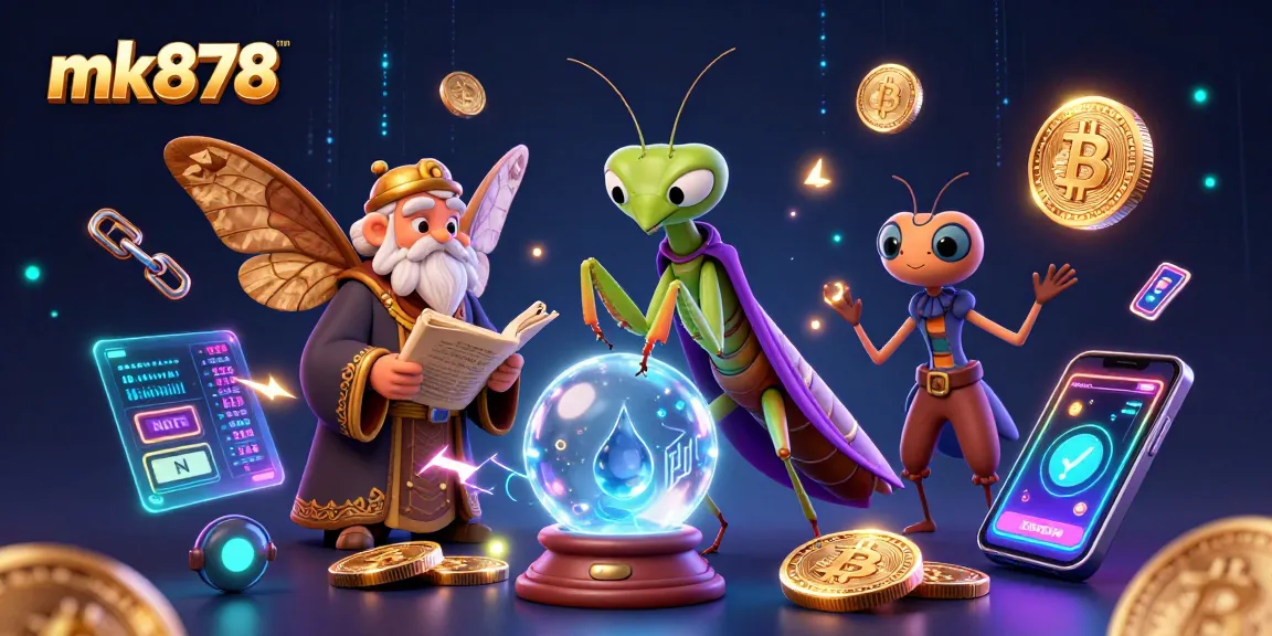 Win big with mk878 at a vibrant casino scene full of magic and cryptocurrency elements.