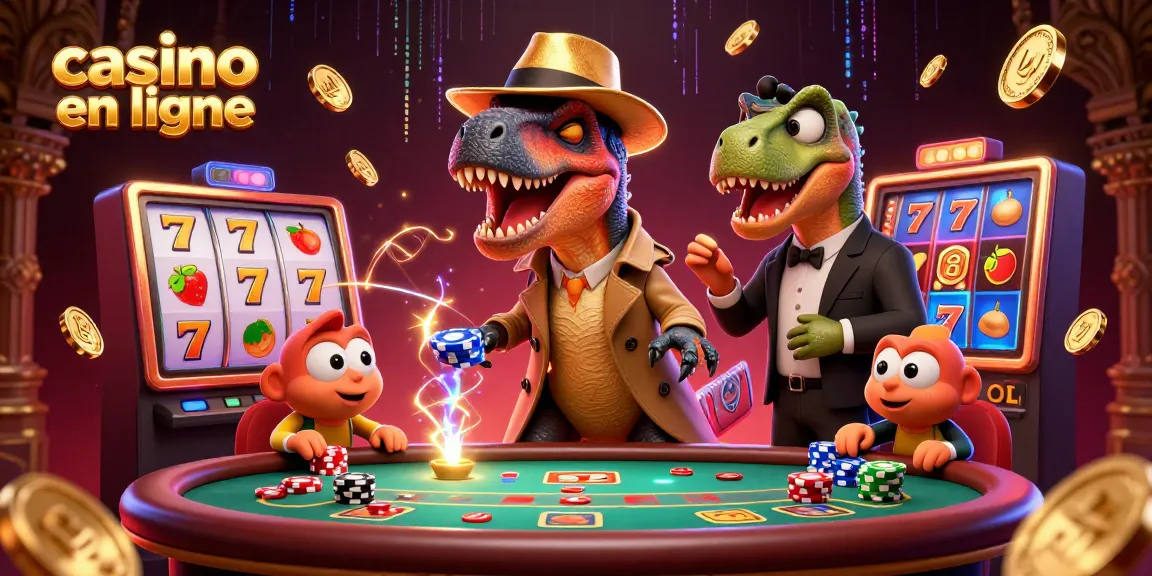 Illustration d'un casino en ligne avec un velociraptor joueur, un pit boss stégosaure, et un compy pickpocket.