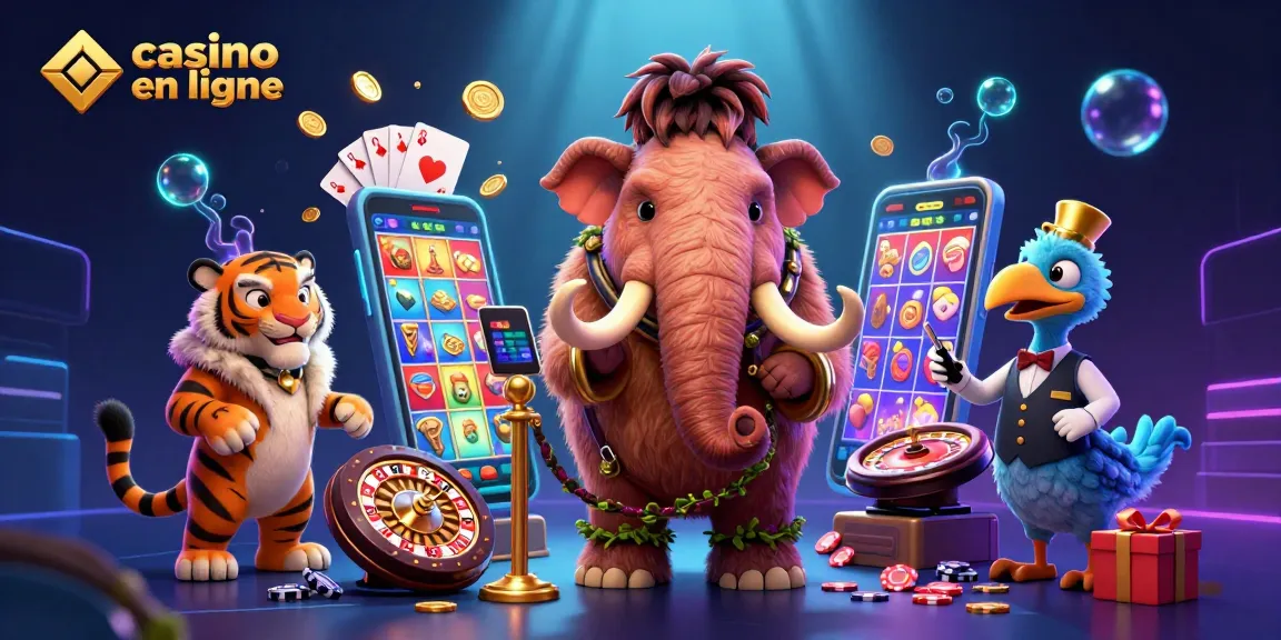 Découvrez l'univers du casino en ligne avec un mammouth bouncer et un VIP dans un cadre vibrant.