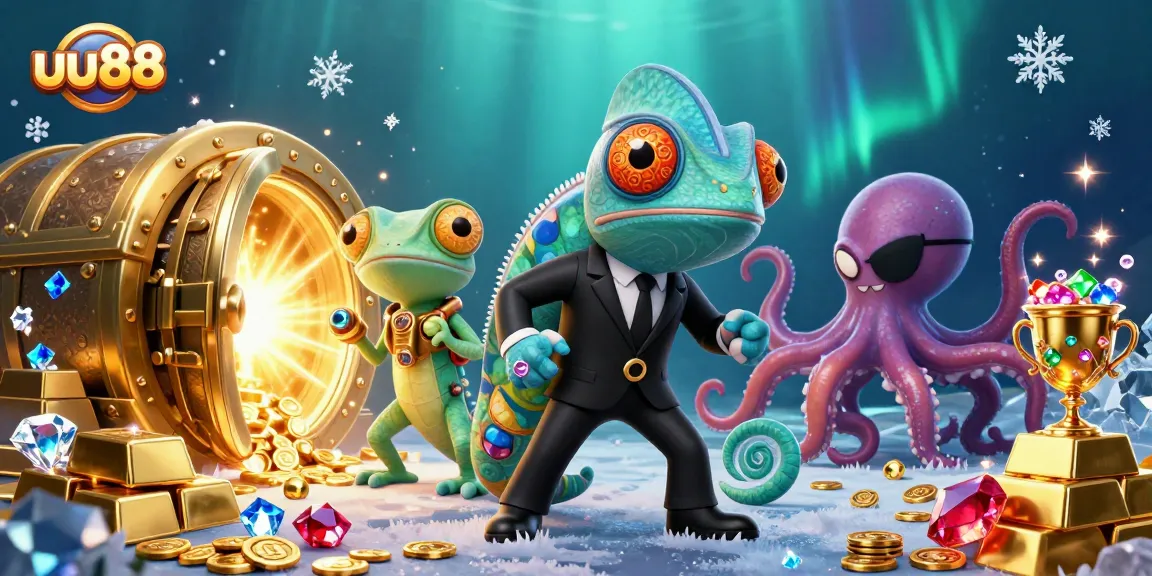 Experience thrilling gambling adventures at uu88 with vibrant chameleon and octopus characters amid golden treasures.