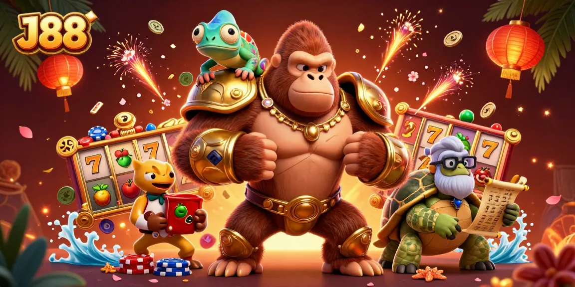 Engage with the enchanting J88 world featuring vibrant slot reels and lively characters in a bustling casino scene.