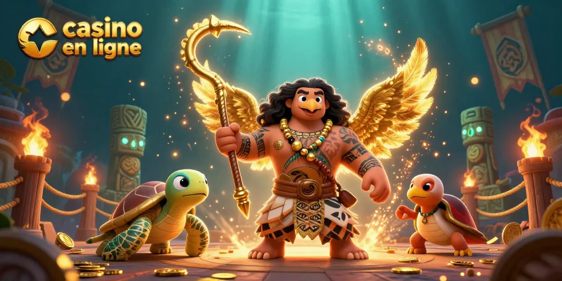 Visuel dynamique de casino en ligne avec une scène captivante protagonisée par un dieu démigod et une tortue.