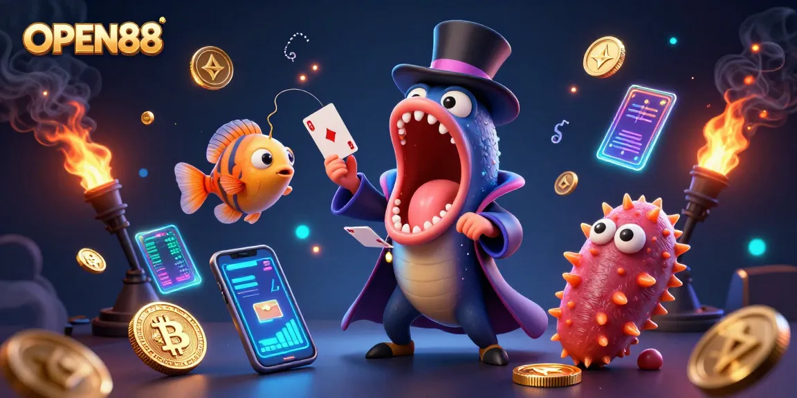 Engage with OPEN88's thrilling casino adventure as the gulper eel performs magic tricks in a vibrant underwater scene.