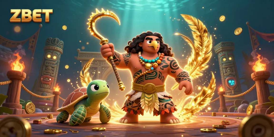 ZBET showcases a vibrant 3D casino scene with a Polynesian demigod hawk and turtle amidst swirling gaming elements.