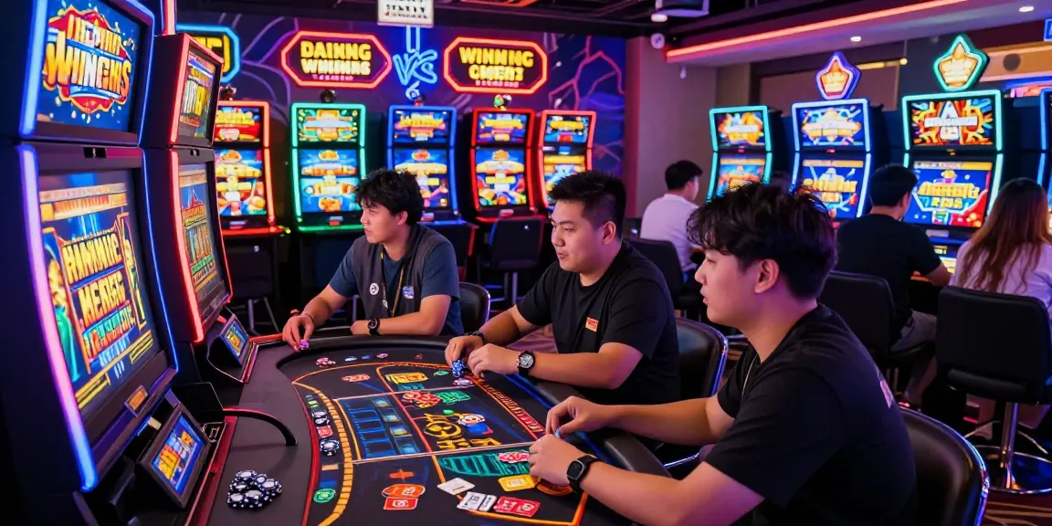 Experience the thrill of Jepang Slot in a vibrant casino environment filled with engaged players and colorful game visuals.