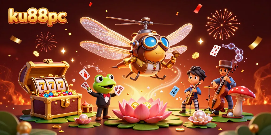 Engage with ku88pc's vibrant casino world featuring a dragonfly pilot, frog croupier, and jazz-playing crickets.