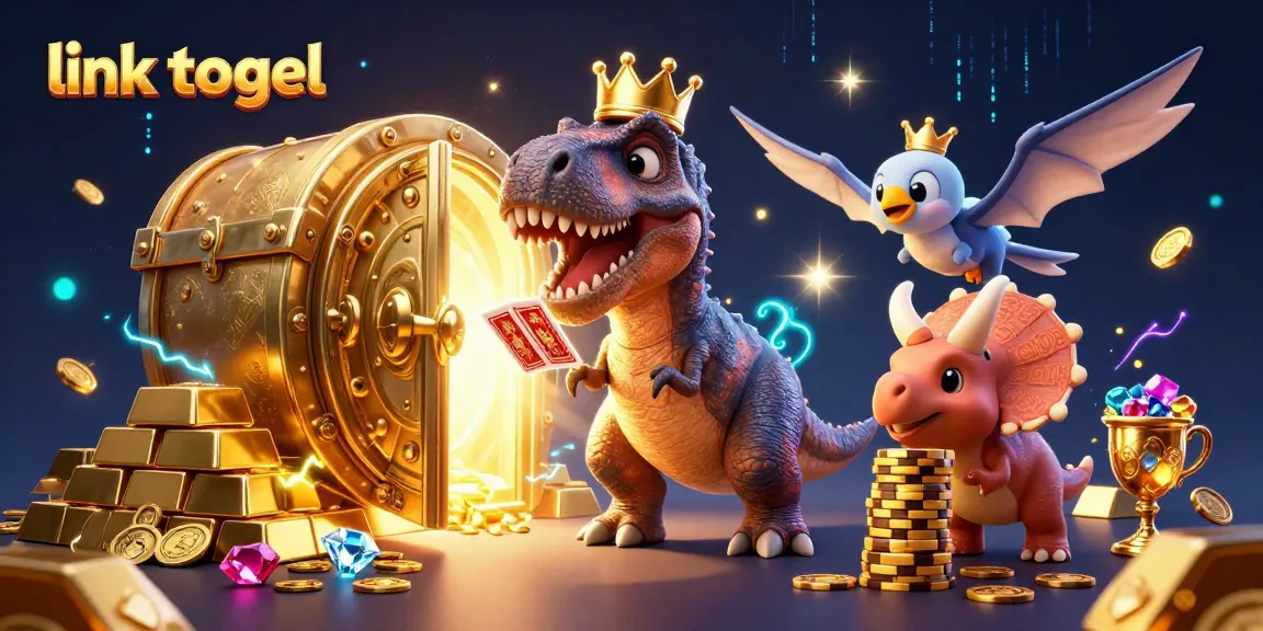 Engage with link togel while a T-Rex shuffles cards, creating a vibrant casino atmosphere.