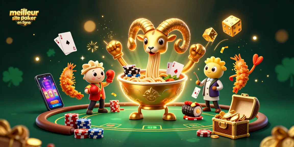 Illustration d'un meilleur site de poker en ligne avec un bol de ramen géant et des animations captivantes de jeu.