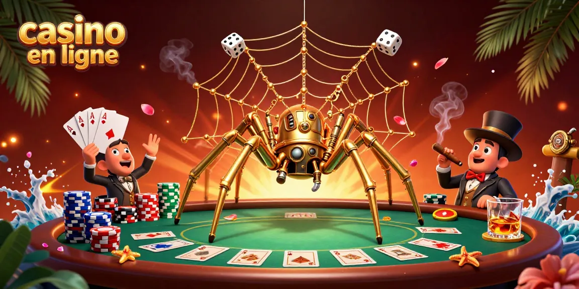 Illustration d'un casino en ligne vibrant, avec une araignée steampunk et un moucheron dans un jeu de cartes.