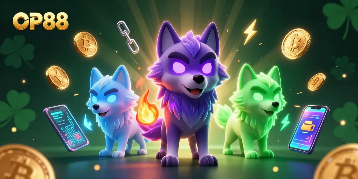 Experience thrilling gaming at OP88 with ghostly wolves and crypto elements in a vibrant casino atmosphere.