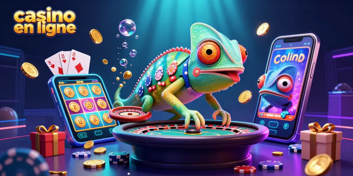 Casino en ligne : un caméléon géant observe les jeux avec des pièces et des cartes éparpillées.
