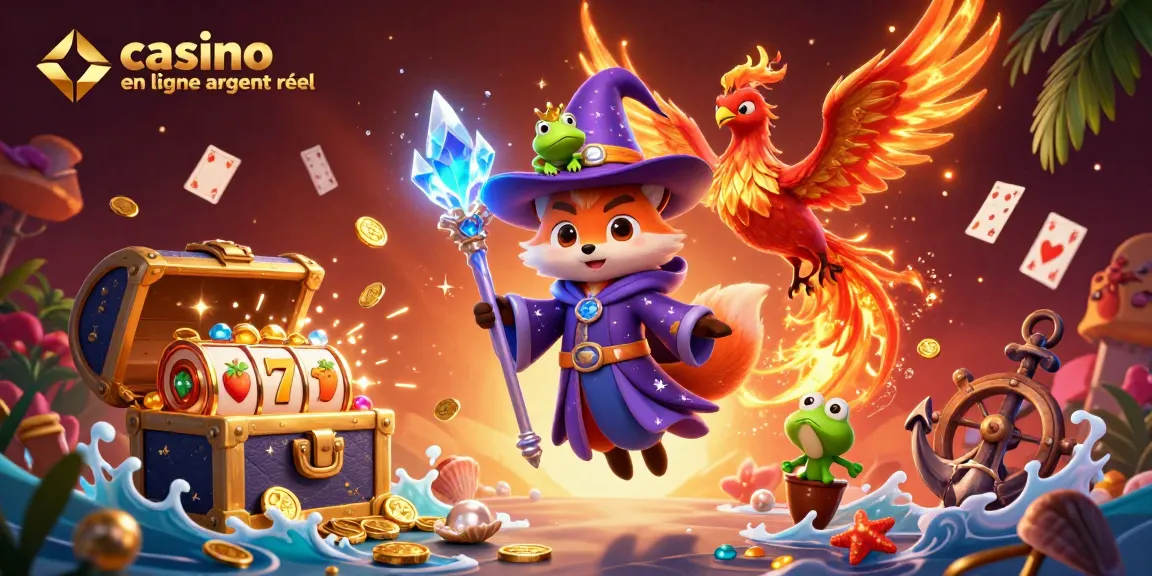Gagnez avec des jeux de casino en ligne argent réel, illustration dynamique d'un magicien et d'un phénix.