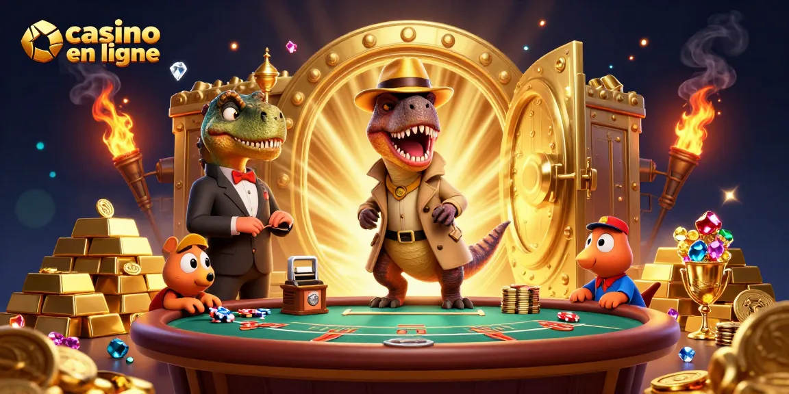 Un velociraptor jouant au blackjack dans un casino en ligne, avec des trésors scintillants autour.