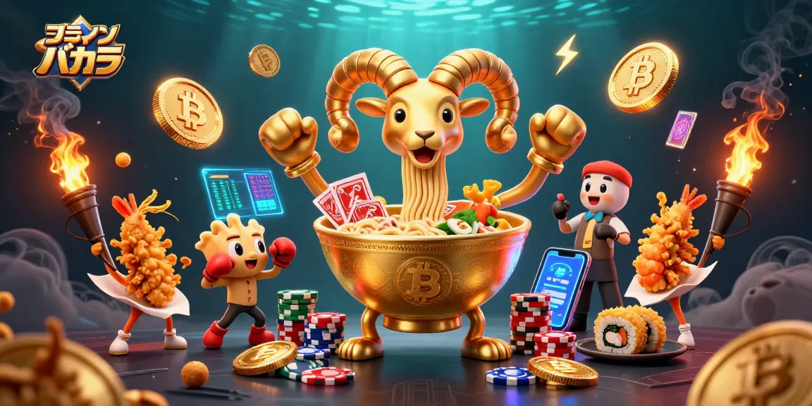 オンラインバカラでカードを配り、チップを積んでいる金色のラーメン bowl のイラスト