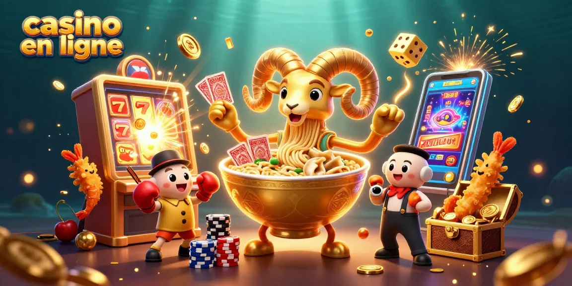 Animation captivante de casino en ligne avec le bol de ramen et les personnages sympathiques. Des jeux et pièces en mouvement.