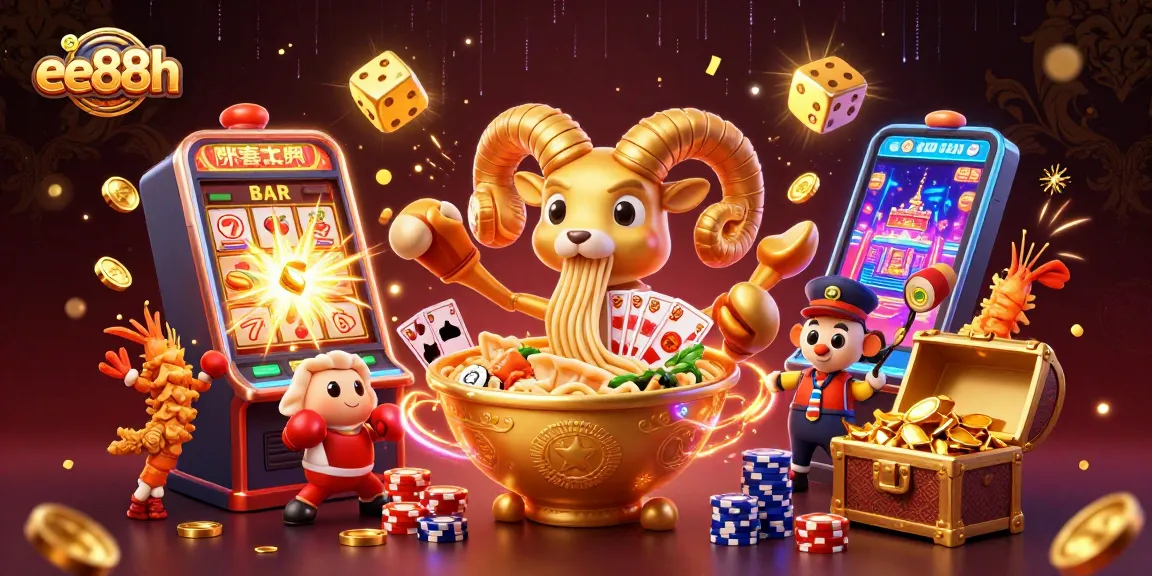 ee88h showcases an exciting casino scene with cartoon characters featuring slots, jackpots, and vibrant colors.