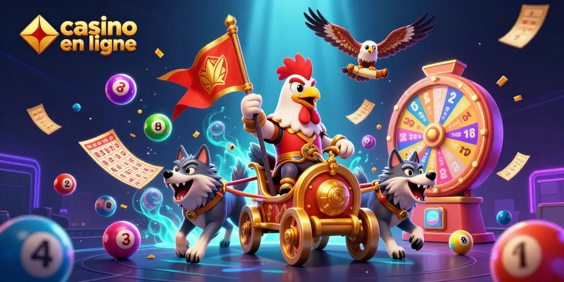 Illustration de casino en ligne avec un coq guerrier, des bouledogues et des éléments de jeu colorés.