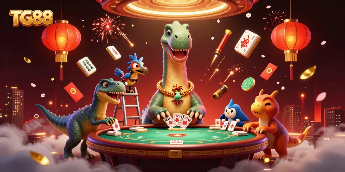 Experience the vibrant world of TG88 with a whimsical illustration of a dino dealer at a lively poker table.