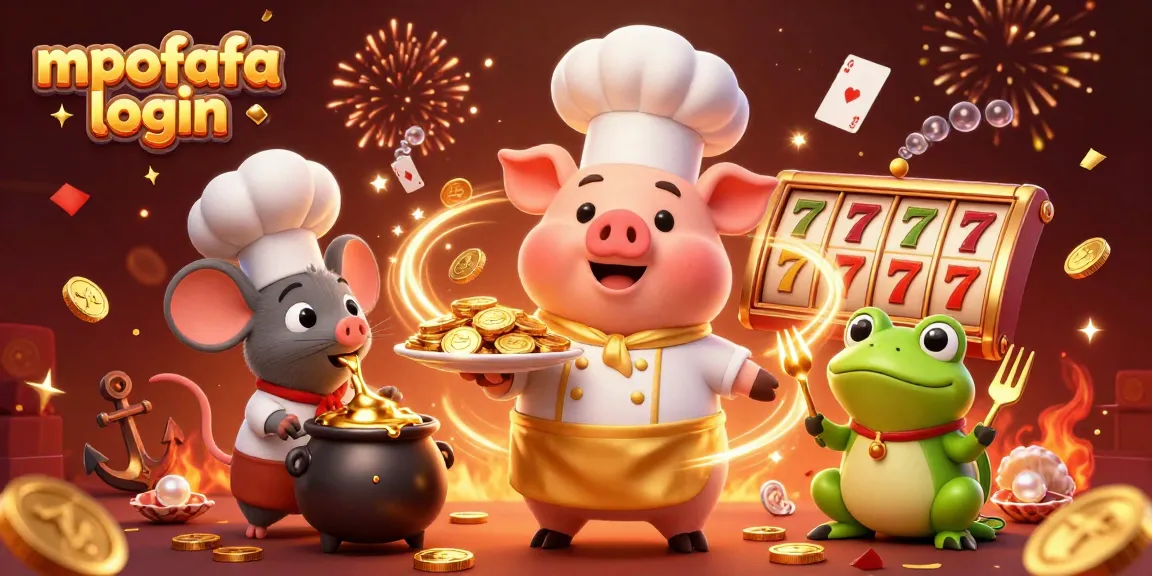 Engage with mpofafa login, featuring a chef pig serving gold while a mouse and frog enjoy casino atmosphere.