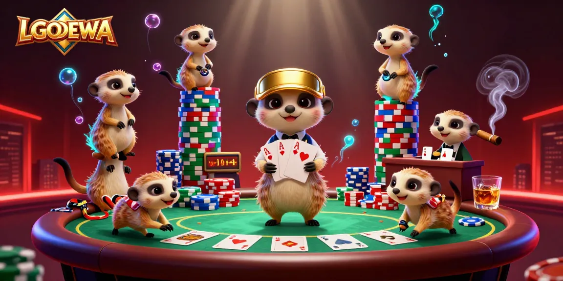 Experience exciting wins at LGODEWA with a lively meerkat casino scene, showcasing poker games and vibrant chip towers.