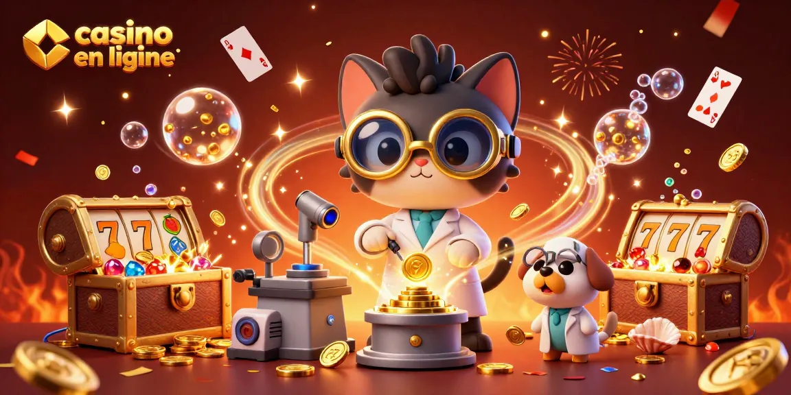 Célébrez votre victoire au casino en ligne avec un chat fou et un chien fidèle entourés de richesses